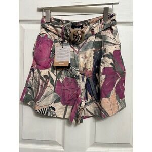 Desigual Bermuda Paper Bag Waist Shorts Tropical Floral Zebra Print Size 34